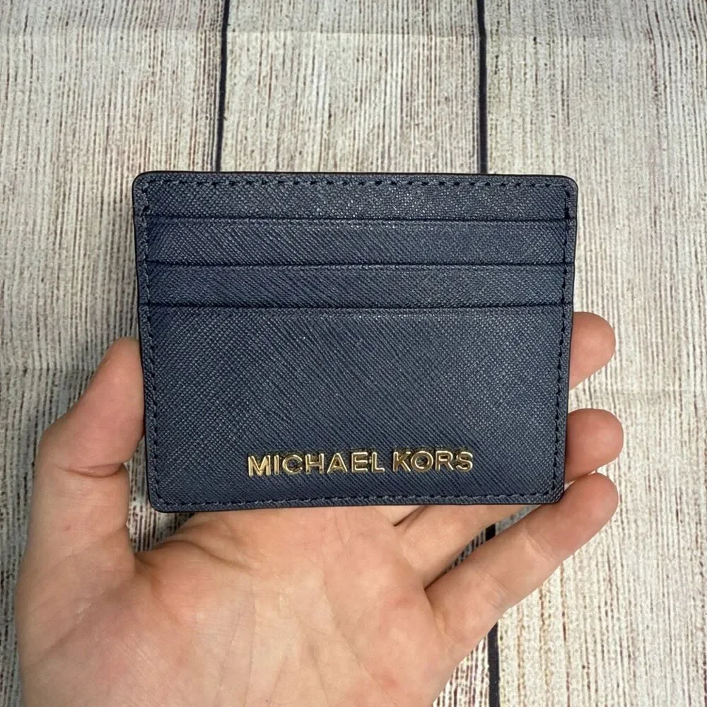 Michael Kors Blue Jet Set Card Case ID Holder Travel Leather Wallet Women’s